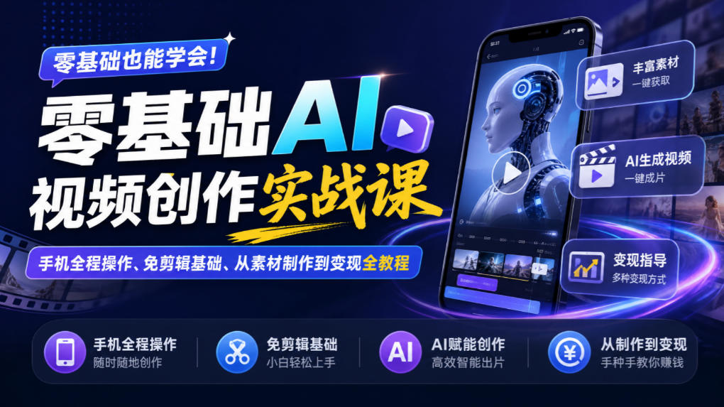 零基础AI视频创作实战课｜手机全程操作、免剪辑基础、从素材制作到变现全教程​-伊亚库