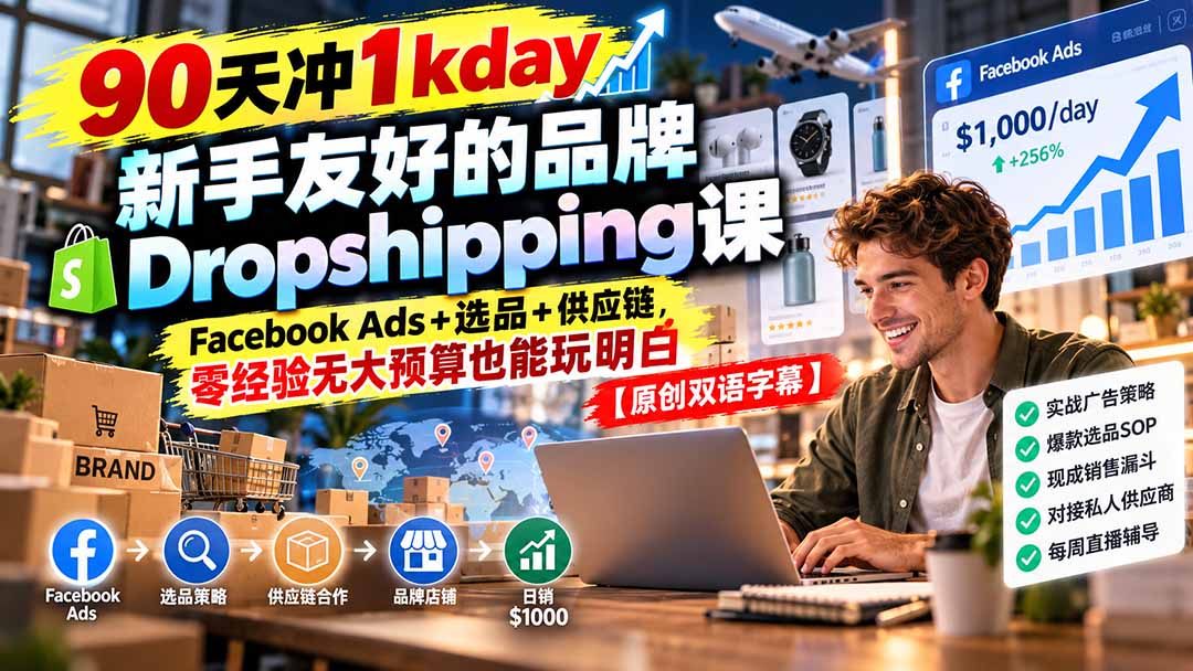 90天冲1kday 新手友好的品牌Dropshipping课：Facebook Ads+选品+供应链，零经验无大预算也能玩明白【原创双语字幕】-伊亚库