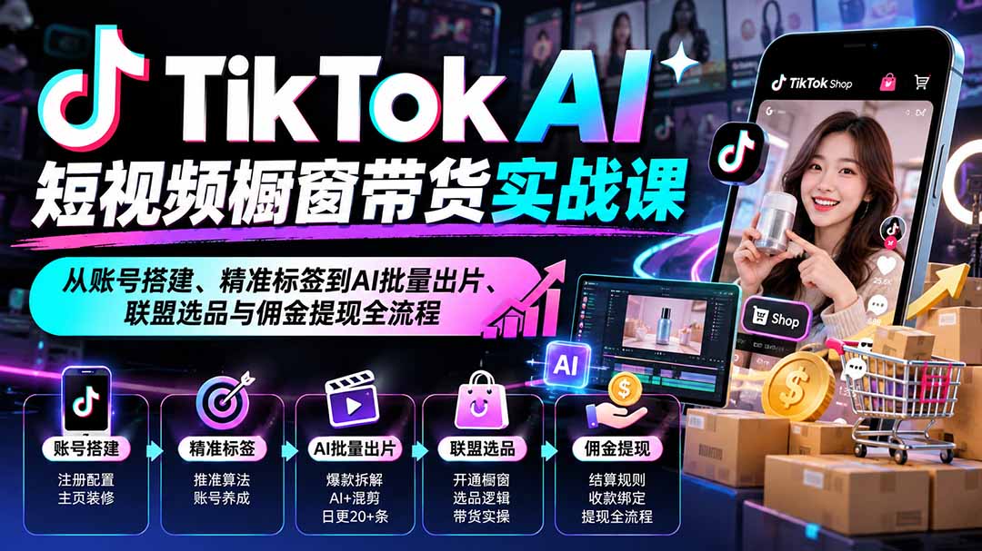 TikTok AI短视频橱窗带货实战课：从账号搭建、精准标签到AI批量出片、联盟选品与佣金提现全流程-伊亚库