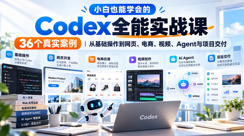 小白也能学会的Codex全能实战课｜36个真实案例，从基础操作到网页、电商、视频、Agent与项目交付-伊亚库
