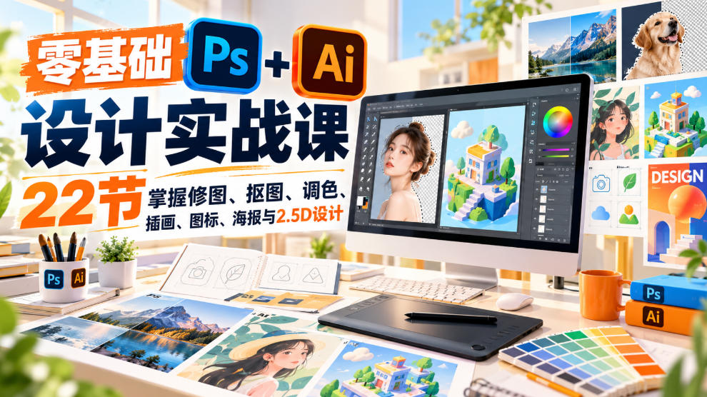 【无水印】零基础PS+AI设计实战课｜22节掌握修图、抠图、调色、插画、图标、海报与2.5D设计-伊亚库
