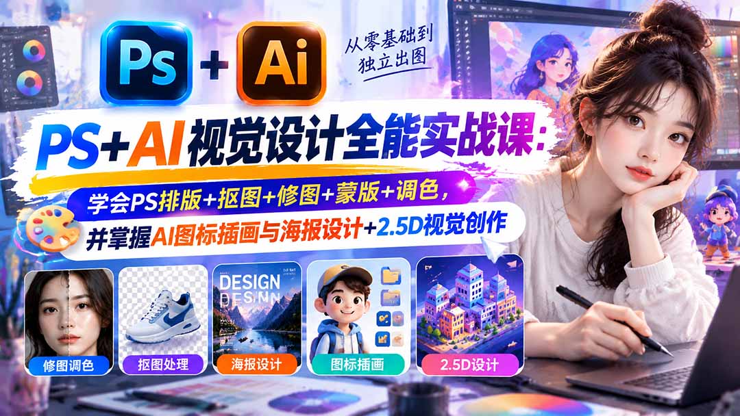 【无水印】PS+AI视觉设计全能实战课：学会PS排版+抠图+修图+蒙版+调色，并掌握AI图标插画与海报设计+2.5D视觉创作-伊亚库