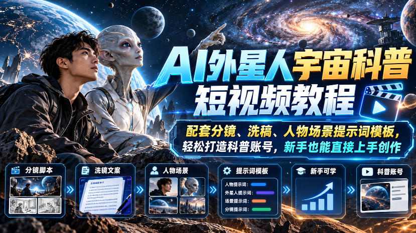 AI外星人宇宙科普短视频教程，配套分镜、洗稿、人物场景提示词模板，轻松打造科普账号，新手也能直接上手创作-伊亚库
