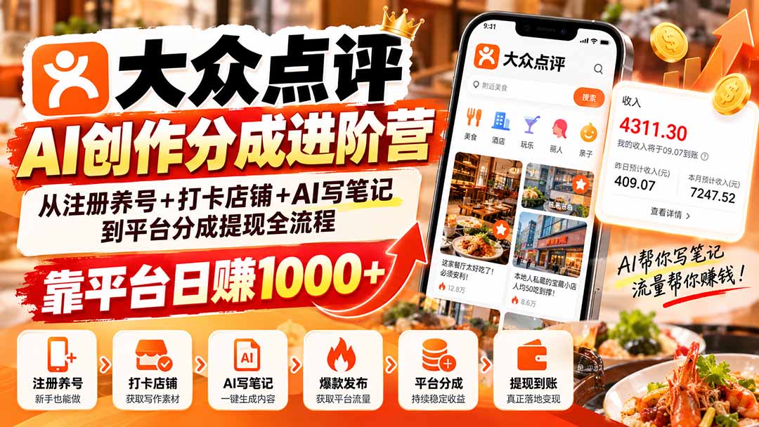 大众点评AI创作分成进阶营：从注册养号+打卡店铺+AI写笔记到平台分成提现全流程，靠平台日赚1000+-伊亚库