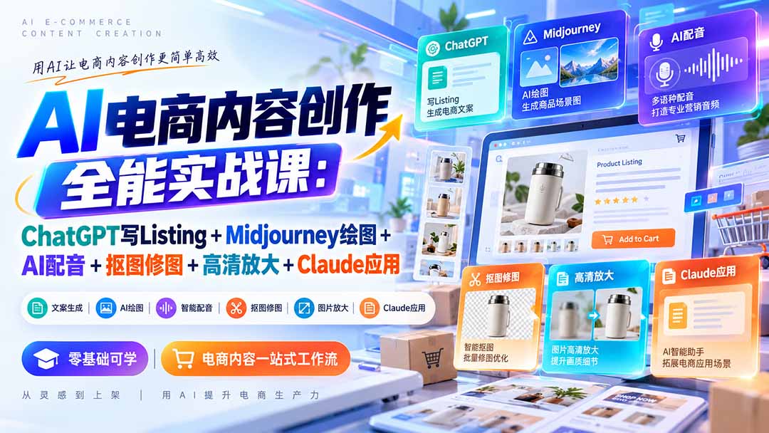 【无水印】AI电商内容创作全能实战课：ChatGPT写Listing+Midjourney绘图+AI配音+抠图修图+高清放大+Claude应用-伊亚库