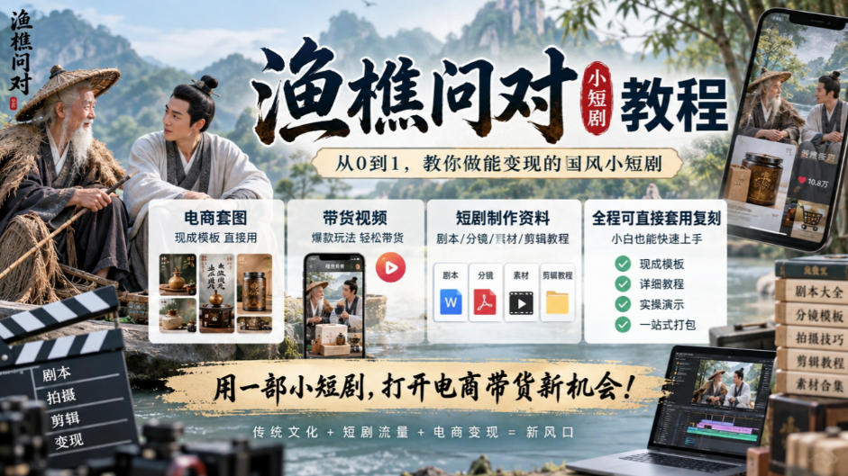 渔樵问对小短剧教程，包含电商套图、带货视频，短剧制作资料，全程可直接套用复刻-伊亚库
