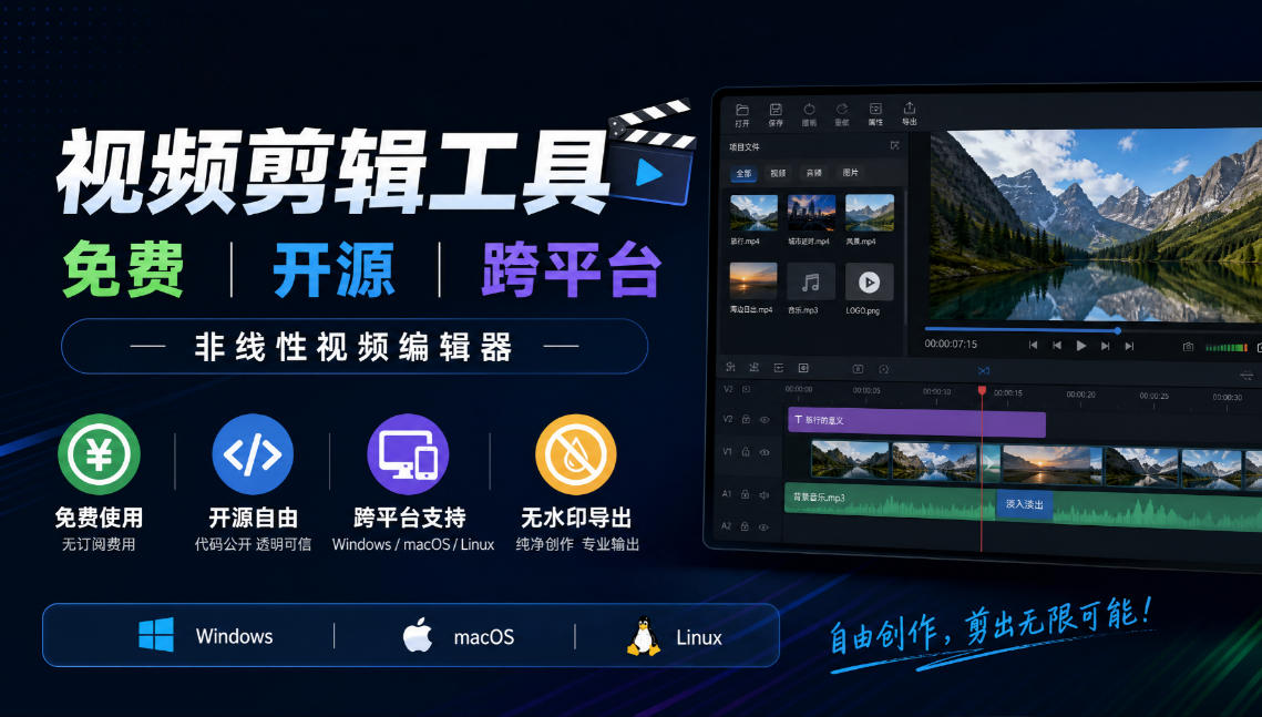 视频剪辑工具，免费、开源、跨平台，非线性视频编辑器，支持Windows、macOS、Linux，无水印、无订阅费用-伊亚库