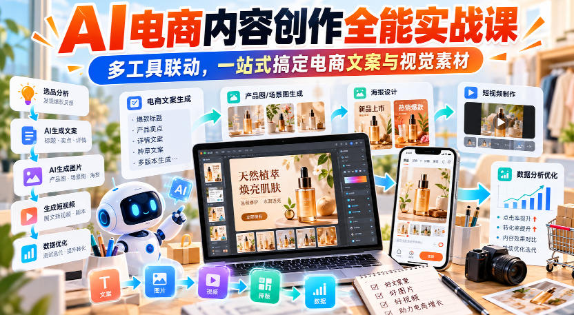 【无水印】AI电商内容创作全能实战课｜多工具联动，一站式搞定电商文案与视觉素材-伊亚库