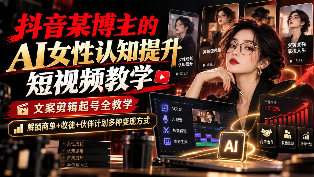 抖音某博主的Ai女性认知提升短视频教学，文案剪辑起号全教学，解锁商单+收徒+伙伴计划多种变现方式-伊亚库