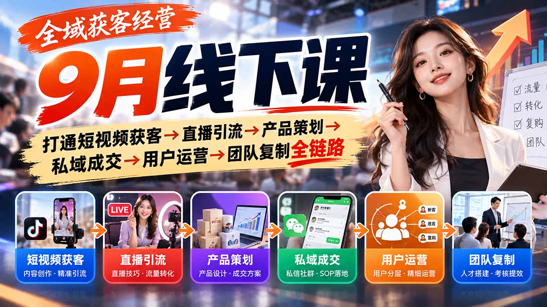 全域获客经营9月线下课：打通短视频获客→直播引流→产品策划→私域成交→用户运营→团队复制全链路-伊亚库