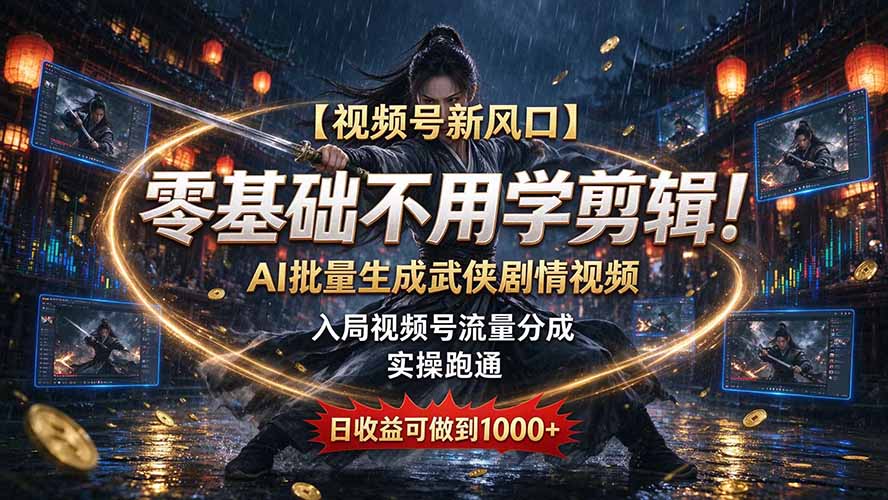 【视频号新风口】零基础不用学剪辑！AI 批量生成武侠剧情视频，入局视频号流量分成，实操跑通，日收益可做到 1000+-伊亚库