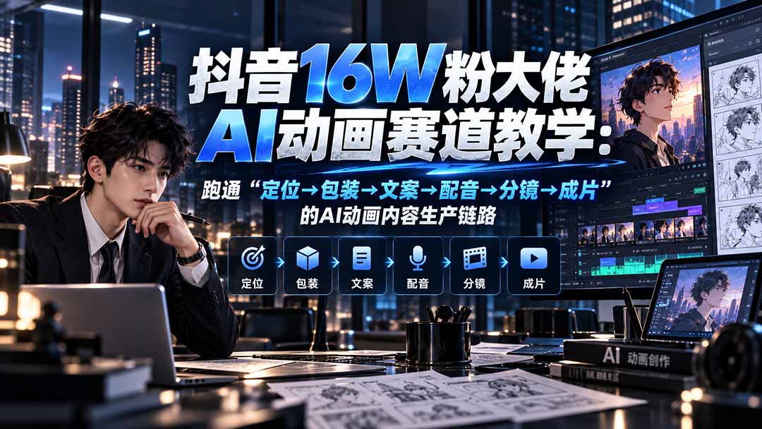 抖音16W粉大佬规则门禁AI动画赛道教学：跑通“定位→包装→文案→配音→分镜→成片”的AI动画内容生产链路-伊亚库