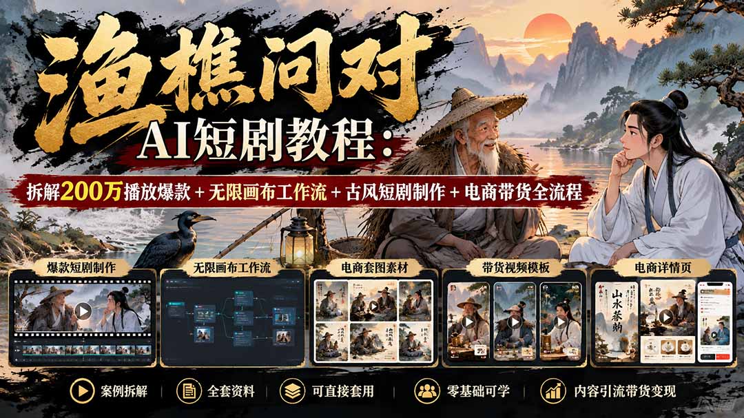【无水印】渔樵问对AI短剧教程：拆解200万播放爆款+无限画布工作流+古风短剧制作+电商带货全流程-伊亚库