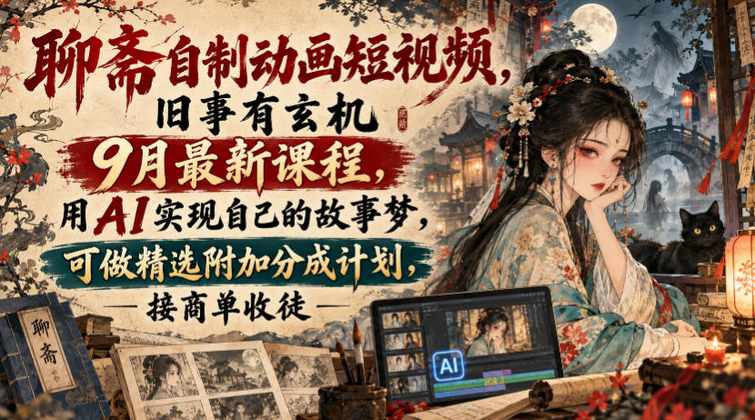 聊斋自制动画短视频，旧事有玄机9月最新课程，用AI实现自己的故事梦，可做精选附加分成计划，接商单收徒-伊亚库