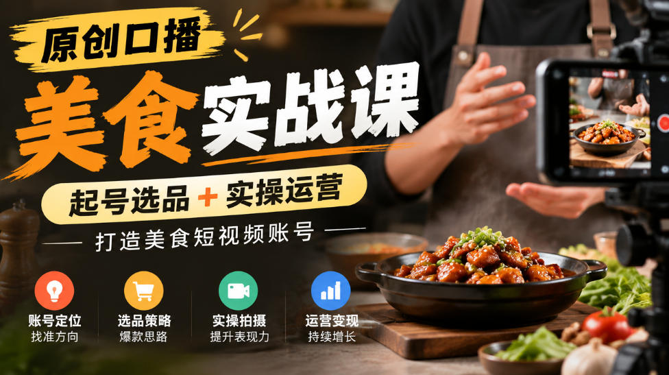 原创口播美食实战课，起号选品+实操运营，打造美食短视频账号-伊亚库