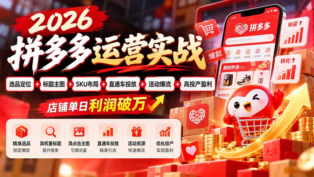 2026拼多多运营实战-更新1002：选品定位+标题主图+SKU布局+直通车投放+活动爆流+高投产盈利 店铺单日利润破万-伊亚库