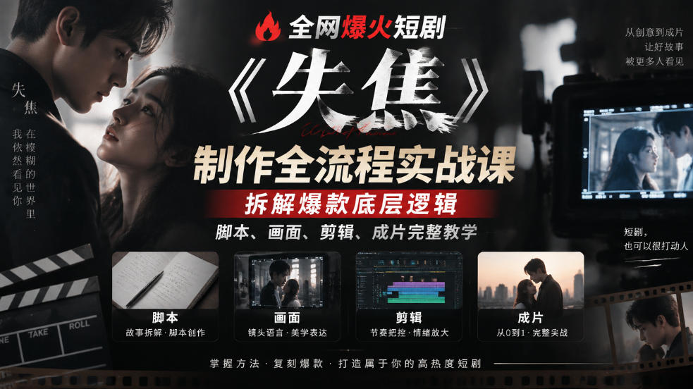 全网爆火短剧《失焦》制作全流程实战课｜拆解爆款底层逻辑，脚本、画面、剪辑、成片完整教学-伊亚库