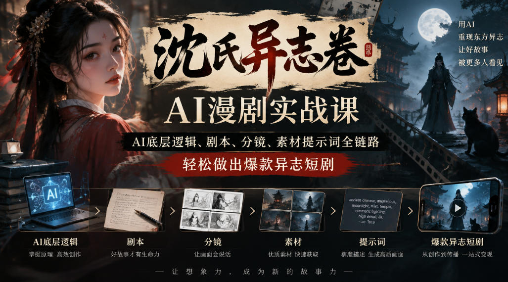 沈氏异志卷AI漫剧实战课｜AI底层逻辑、剧本、分镜、素材提示词全链路，轻松做出爆款异志短剧-伊亚库