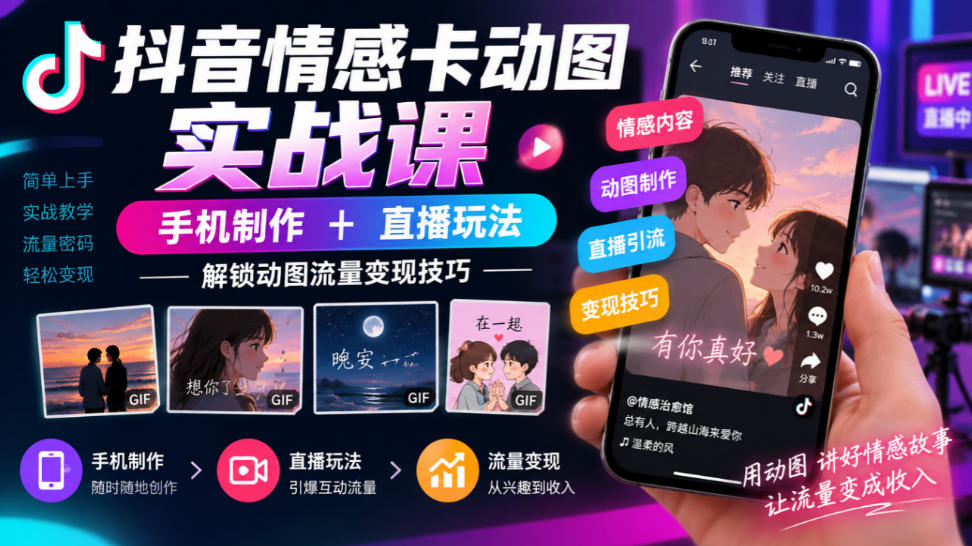 抖音情感卡动图实战课｜手机制作+直播玩法，解锁动图流量变现技巧-伊亚库