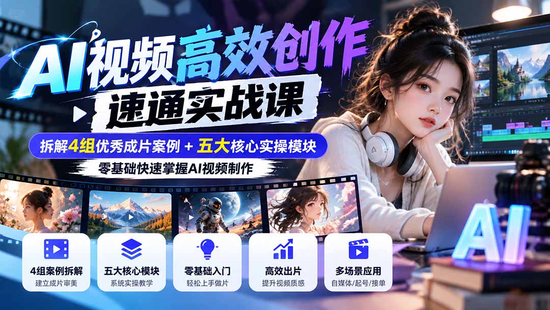 【无水印】AI视频高效创作速通实战课：拆解4组优秀成片案例+五大核心实操模块，零基础快速掌握AI视频制作-伊亚库