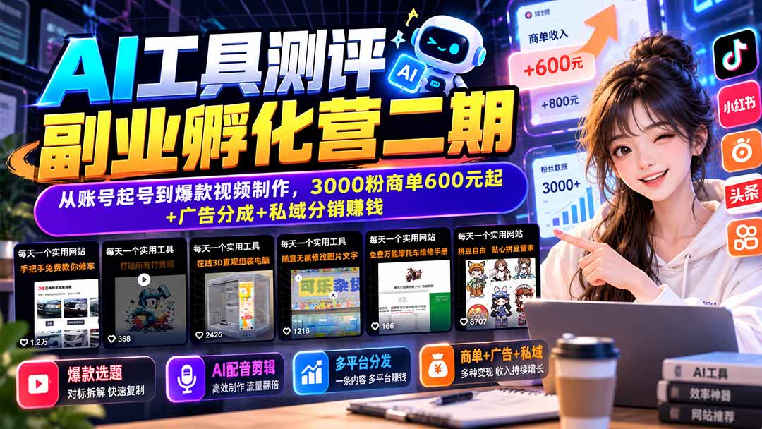 AI工具测评副业孵化营二期：从账号起号到爆款视频制作，3000粉商单600元起+广告分成+私域分销赚钱-伊亚库