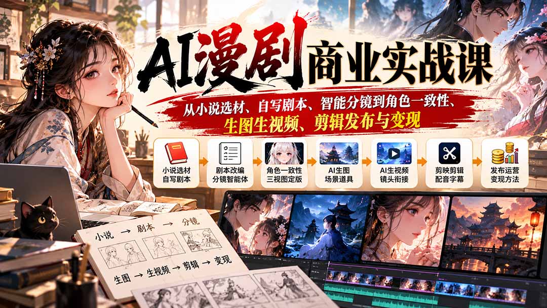AI漫剧商业实战课：从小说选材、自写剧本、智能分镜到角色一致性、生图生视频、剪辑发布与变现-伊亚库