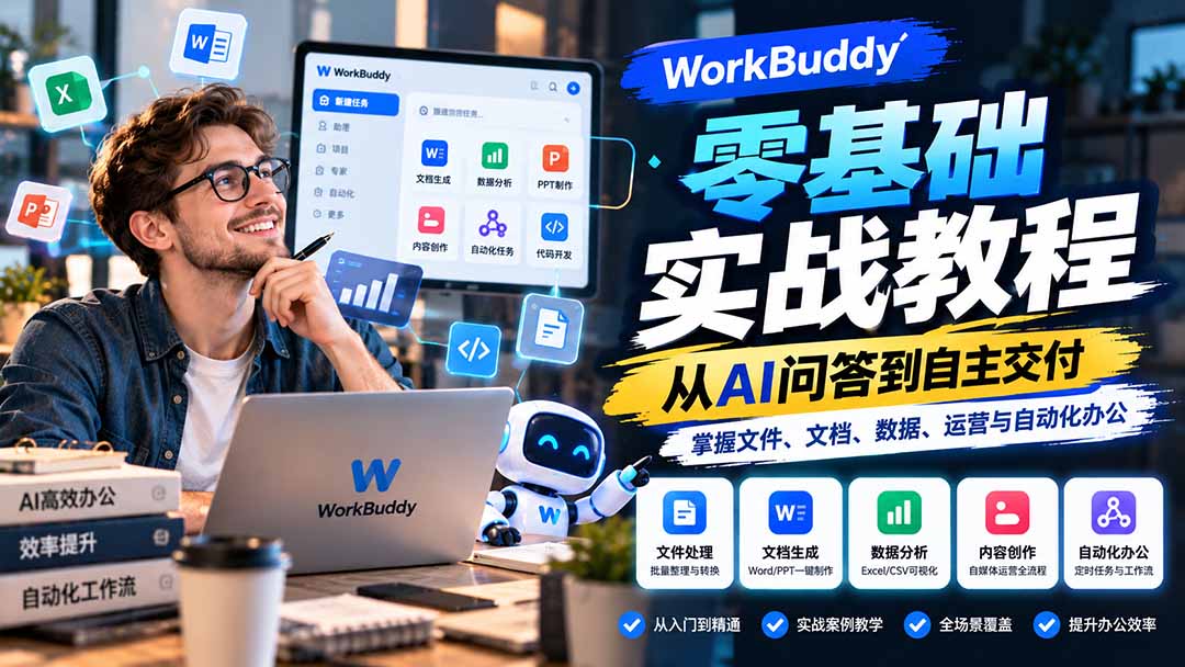 WorkBuddy零基础实战教程：从AI问答到自主交付，掌握文件、文档、数据、运营与自动化办公-伊亚库