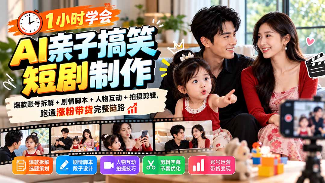 1小时学会AI亲子搞笑短剧制作：爆款账号拆解+剧情脚本+人物互动+拍摄剪辑，跑通涨粉带货完整链路-伊亚库