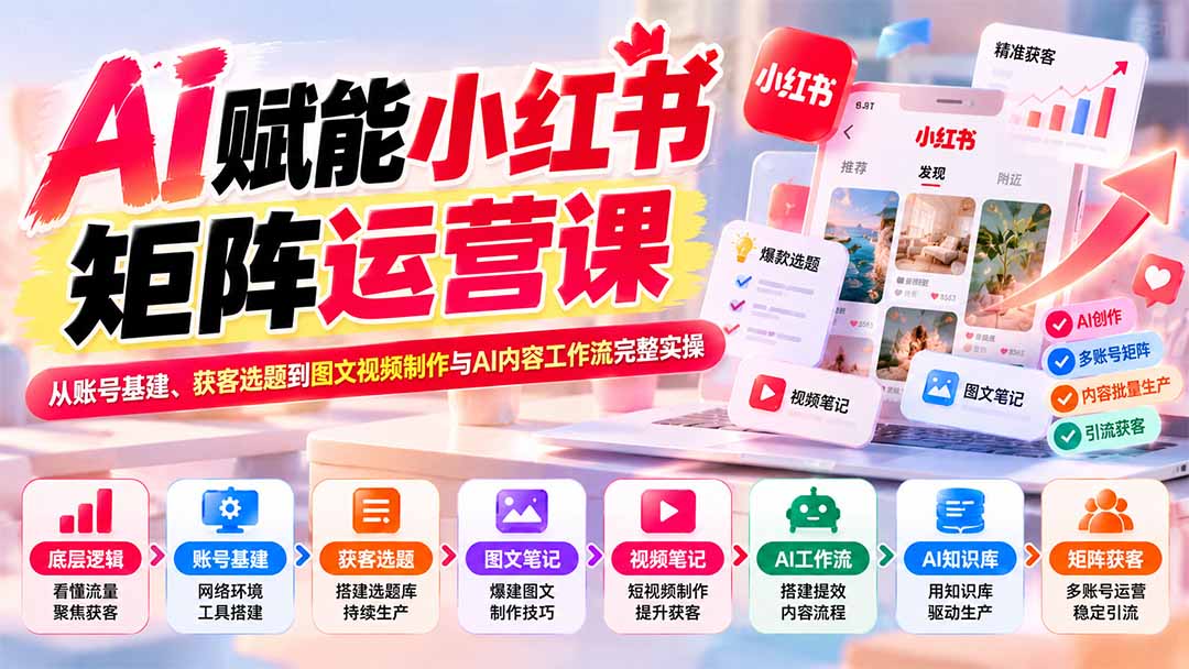 AI赋能小红书矩阵运营课：从账号基建、获客选题到图文视频制作与AI内容工作流完整实操-伊亚库