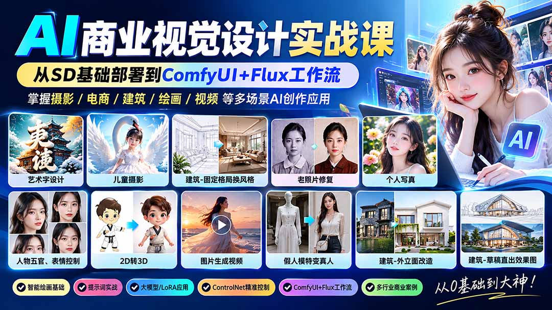 【无水印】AI商业视觉设计实战课：从SD基础部署到ComfyUI+Flux工作流，掌握摄影电商建筑AI创作-伊亚库