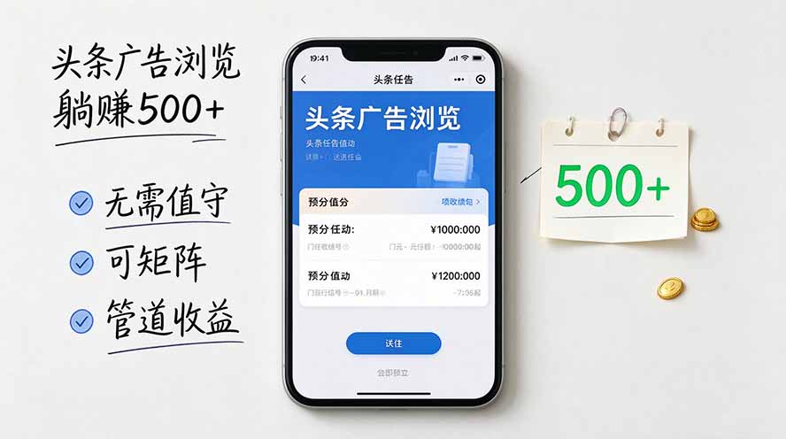 头条广告浏览躺赚500+无需值守，可矩阵并附有管道收益-伊亚库