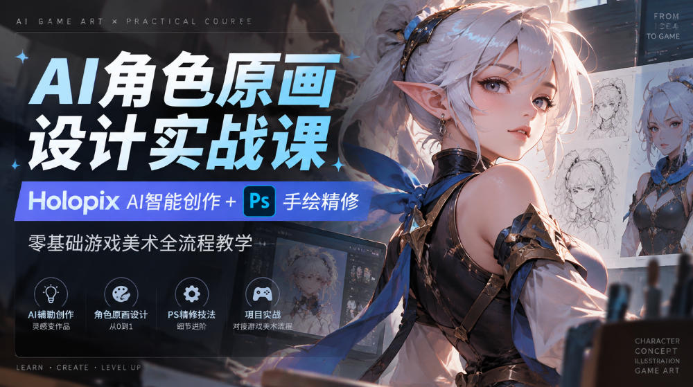 AI角色原画设计实战课｜Holopix AI智能创作+PS手绘精修，零基础游戏美术全流程教学-伊亚库