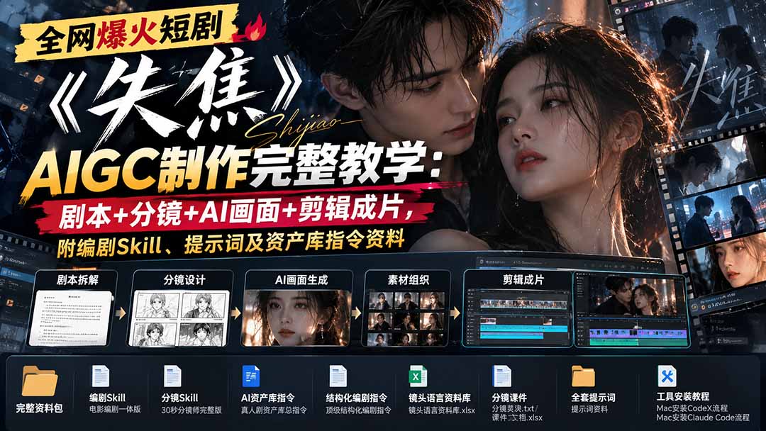 全网爆火短剧《失焦》AIGC制作完整教学：剧本+分镜+AI画面+剪辑成片，附编剧Skill、提示词及资产库指令资料-伊亚库