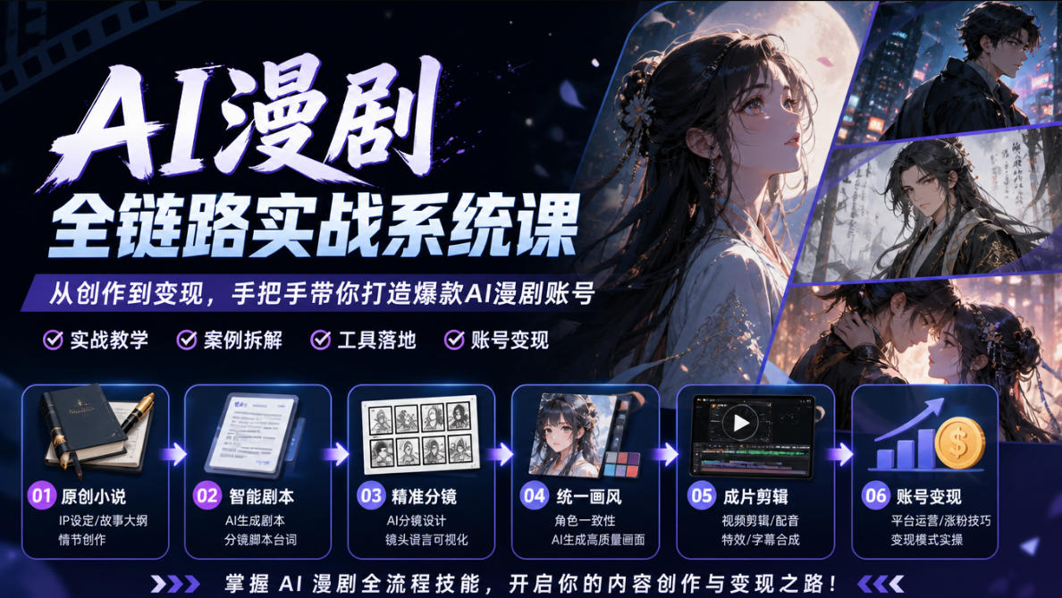 AI漫剧全链路实战系统课｜原创小说、智能剧本、精准分镜、统一画风、成片剪辑、账号变现实操教学-伊亚库