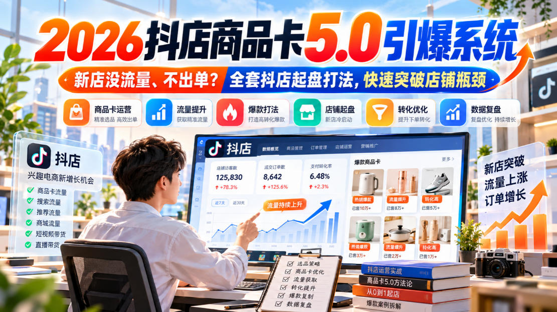 2026抖店商品卡5.0引爆店铺流量，新店没流量、不出单？全套抖店起盘打法，快速突破店铺瓶颈-伊亚库