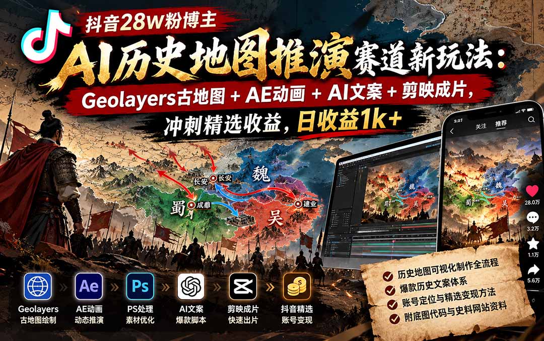抖音28W粉博主AI历史地图推演赛道新玩法：Geolayers古地图+AE动画+AI文案+剪映成片，冲刺精选收益，日收益1k+-伊亚库