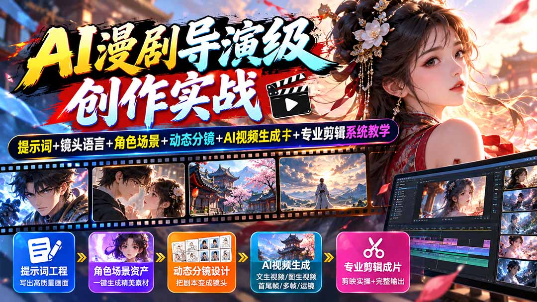AI漫剧导演级创作实战：提示词+镜头语言+角色场景+动态分镜+AI视频生成+专业剪辑系统教学-伊亚库