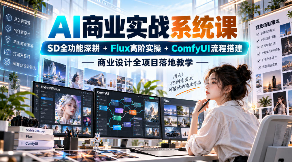 AI商业实战系统课｜SD全功能深耕+Flux高阶实操+Comfyui流程搭建，商业设计全项目落地教学-伊亚库
