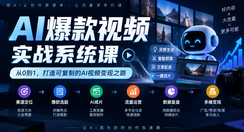 AI爆款视频实战系统课｜赛道定位、爆款选题、AI成片、流量运营、数据复盘、多维变现全链路教学-伊亚库