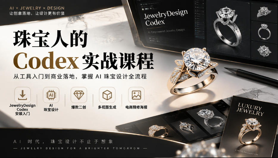 珠宝人的Codex实战课程｜JewelryDesign Codex安装入门、AI珠宝设计、爆款二创、多视图生成、电商精修海报全链路教学-伊亚库