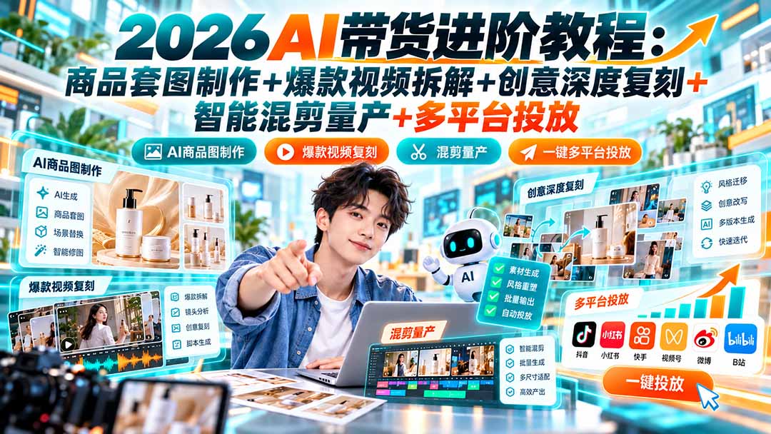 2026AI带货进阶教程：商品套图制作+爆款视频拆解+创意深度复刻+智能混剪量产+多平台投放-伊亚库