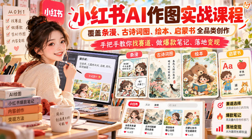 小红书AI作图实战课程，覆盖条漫、古诗词图、绘本、启蒙书全品类创作，手把手教你找赛道、做爆款笔记、落地变现(更新1009)-伊亚库
