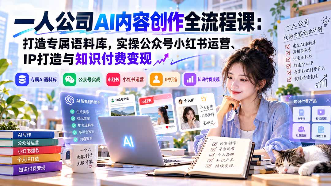 一人公司AI内容创作全流程课：打造专属语料库，实操公众号小红书运营、IP打造与知识付费变现方法论-伊亚库