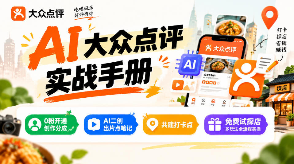 某局的AI大众点评实战手册，0粉开通创作分成、AI二创出片点笔记、共建打卡点、免费试探店多玩法全流程实操-伊亚库