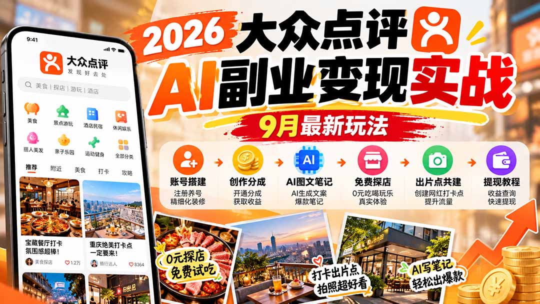 2026大众点评AI副业变现实战9月最新玩法：账号搭建+创作分成+AI图文笔记+免费探店+出片点共建与提现教程-伊亚库