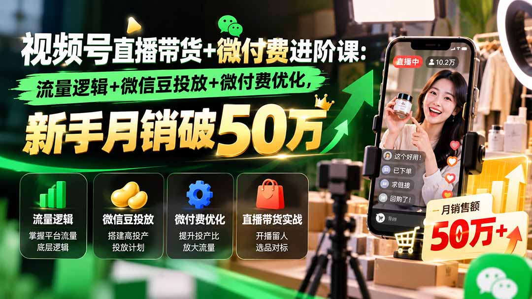 视频号直播带货+微付费进阶课-更新1010：流量逻辑+微信豆投放+微付费优化，新手月销破50万-伊亚库