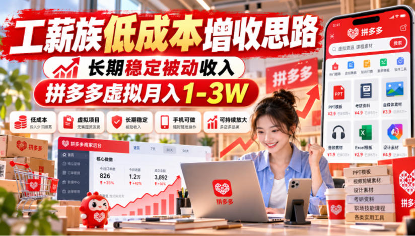 工薪族低成本增收思路，长期稳定被动收入，拼多多虚拟月入1-3W-伊亚库