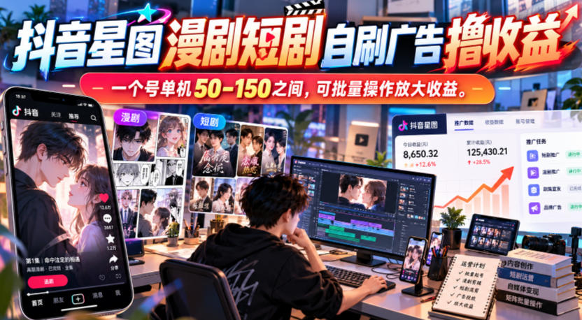 抖音星图漫剧短剧自刷广告撸收益，一个号单机50-150之间，可批量操作放大收益-伊亚库