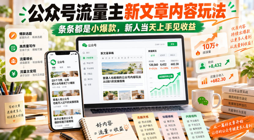 公众号流量主新文章内容玩法，条条都是小爆款，新人当天上手见收益-伊亚库