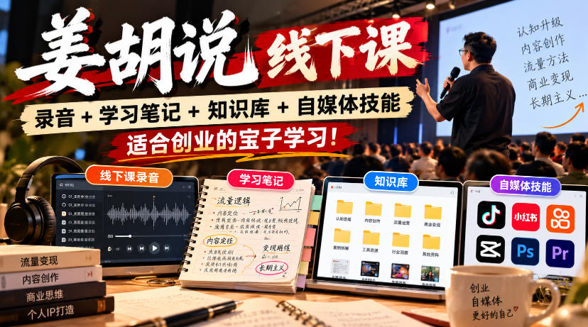 姜胡说线下课录音＋学习笔记＋知识库＋自媒体技能，​适合创业的宝子学习！-伊亚库